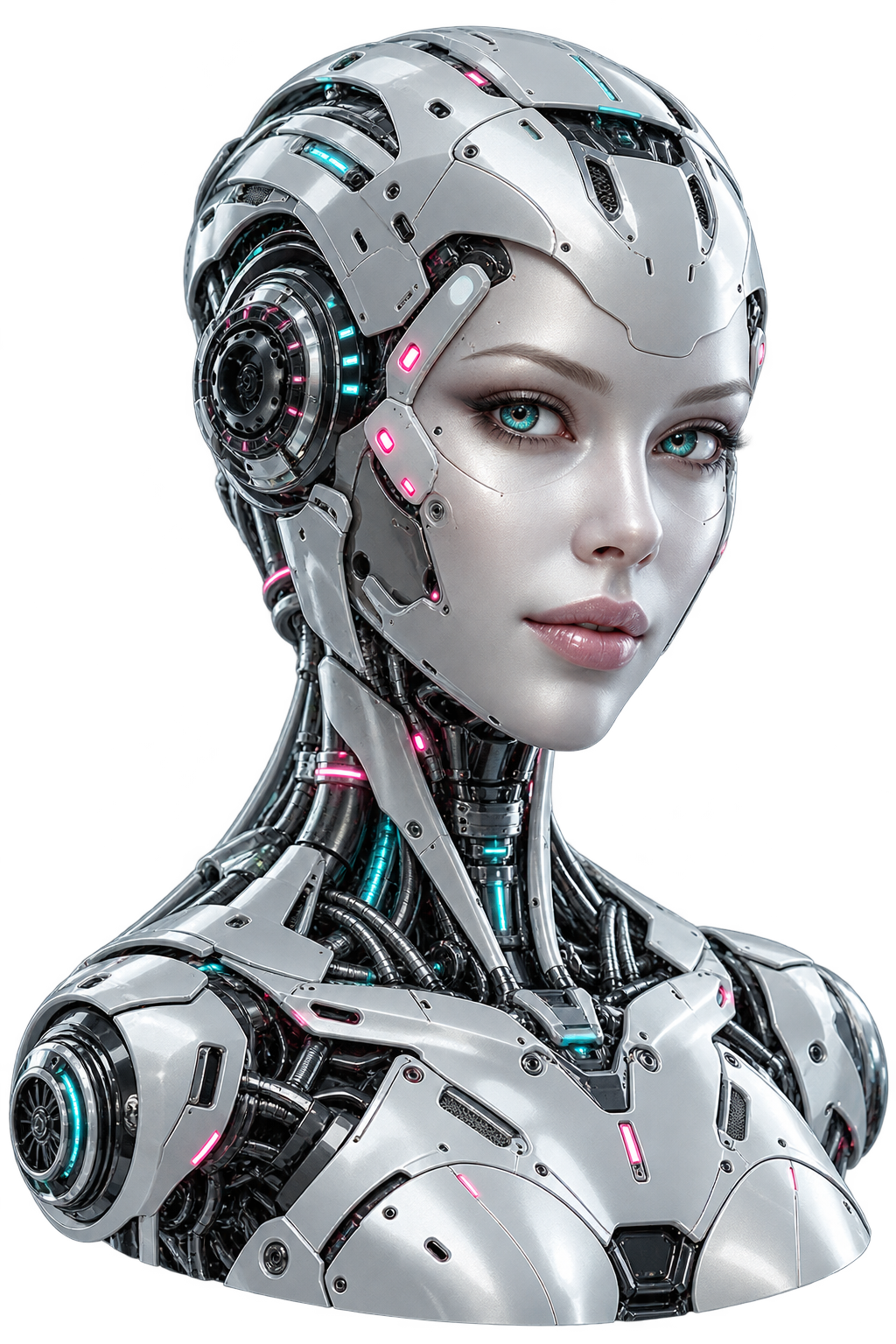 R.I.Y.A futuristic silver android with illuminated cyan and magenta details